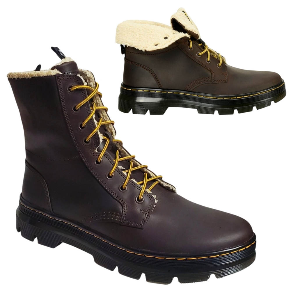 NWT Dr Martens mens combs fold down winter combat boots leather fur lining brown